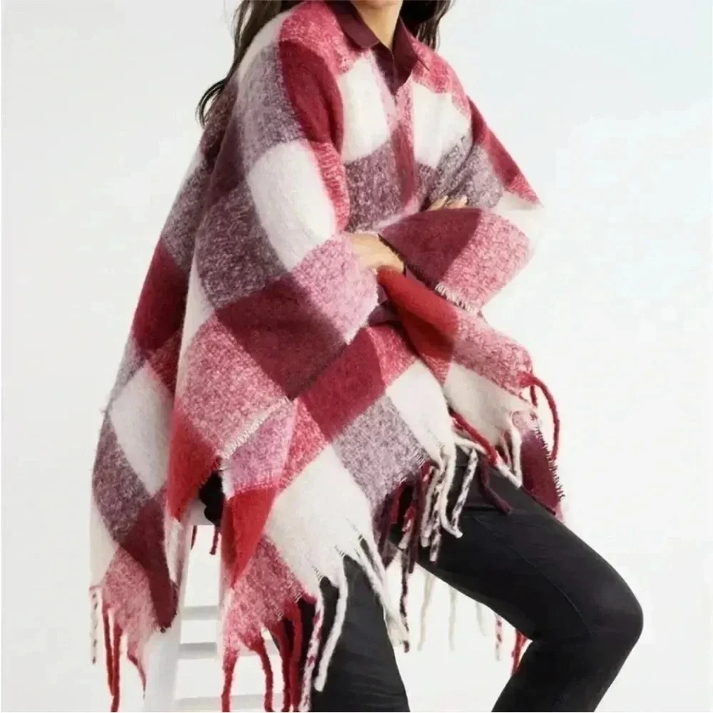 Plaid Pink and White Fringe Shawl